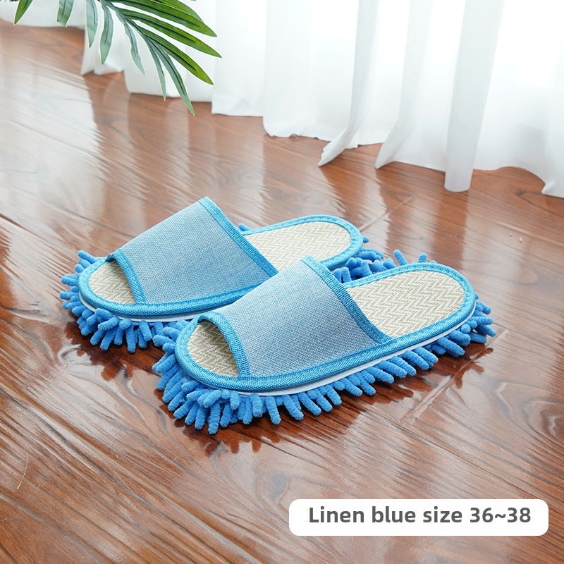 Factory wholesale floor-wiping slippers removable and washable lazy slippers men's and women's linen wooden floor home cleaning mop slippers(Sky Blue small size, Free size) - Image 1