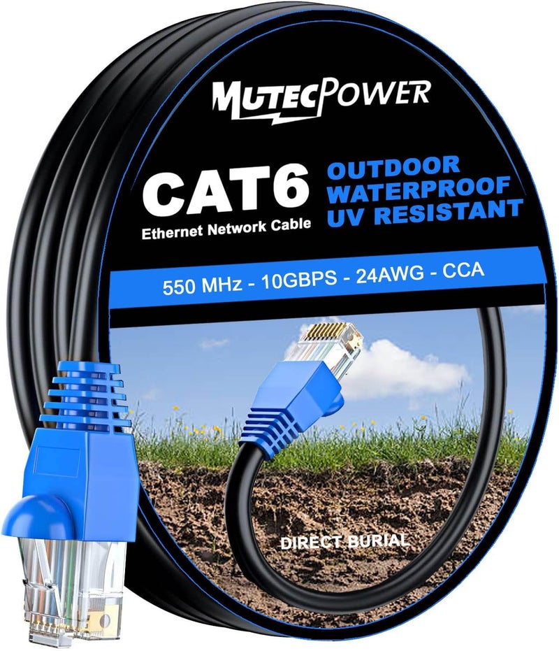MutecPower 15m CAT6 Outdoor waterproof Direct Burial Ethernet Network Cable - UTP - CCA - 550 Mhz - Black 15 meter with Cable Ties - Image 1