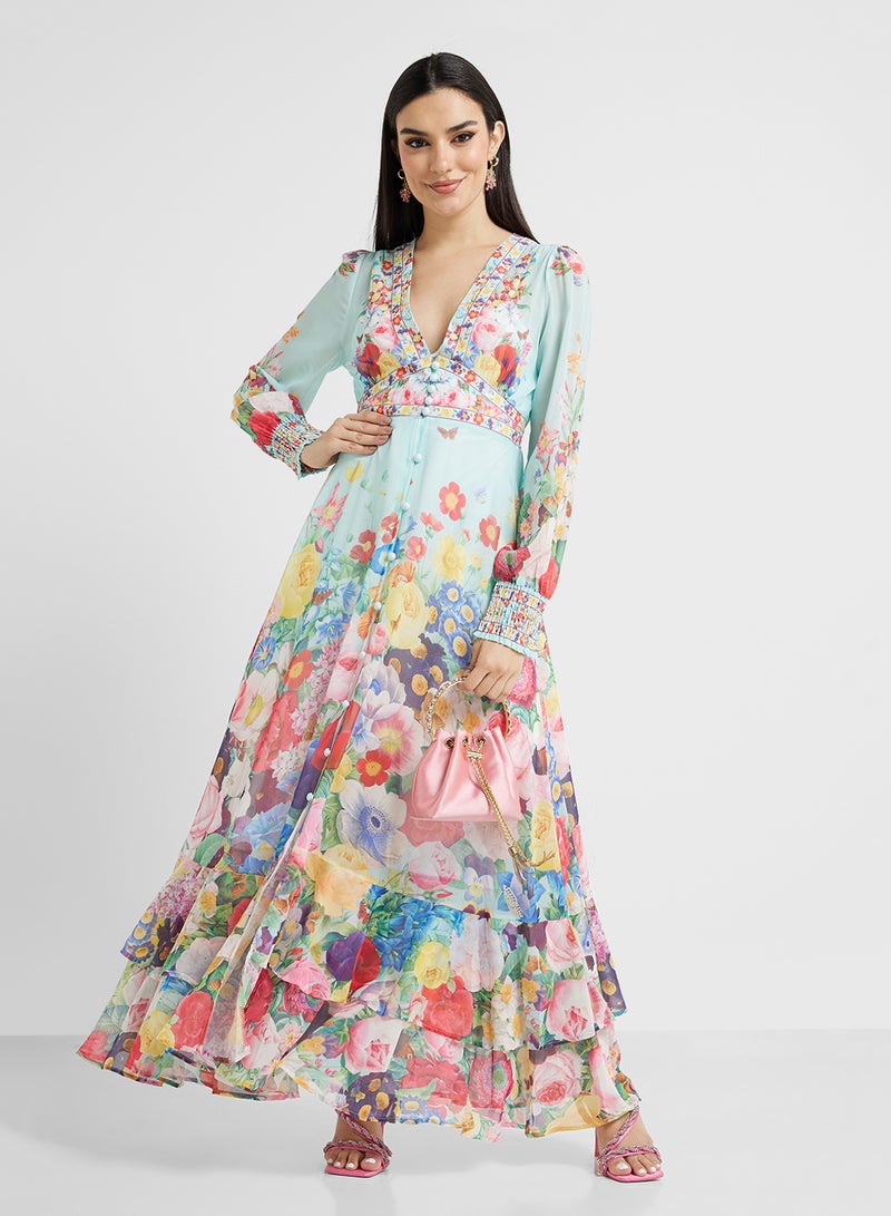 خزانة فستان ماكسي شيفون بنقشة الزهور - Image 1