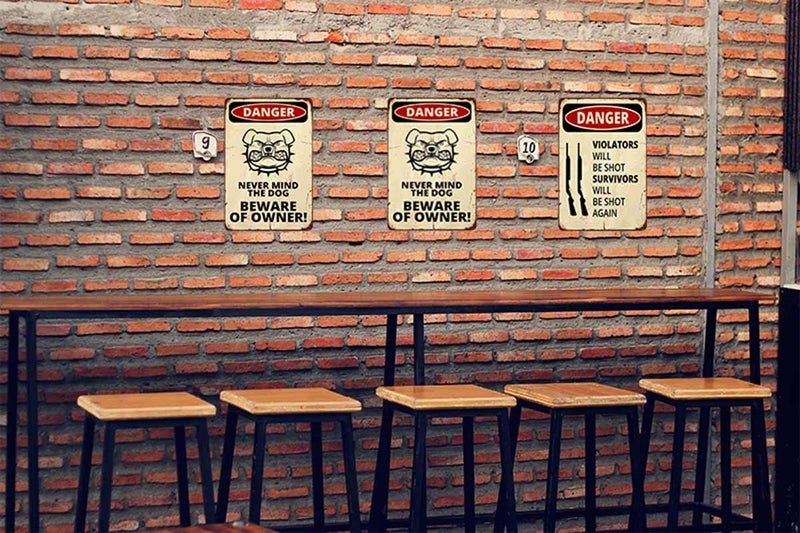 AOYEGO Never Mind The Dog Beware of Owner Danger Warning Tin Sign Comic Poster with a Angry Dog Design Vintage Metal Tin Signs for Cafes Bars Pubs Shop Wall Decorative Funny Retro Signs for 8x12 Inch - Image 4