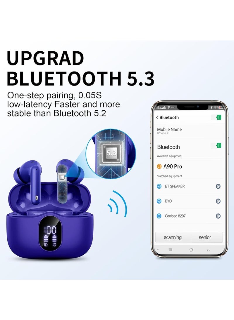 lekikpo Wireless Earbuds, Bluetooth 5.3 Headphones Bass Stereo, Ear Buds with Noise Cancelling Mic LED Display, IP7 Waterproof in Ear Earphones, 36H Playtime for Laptop Pad Phones Sports Workout, Dark Blue  - Image 3