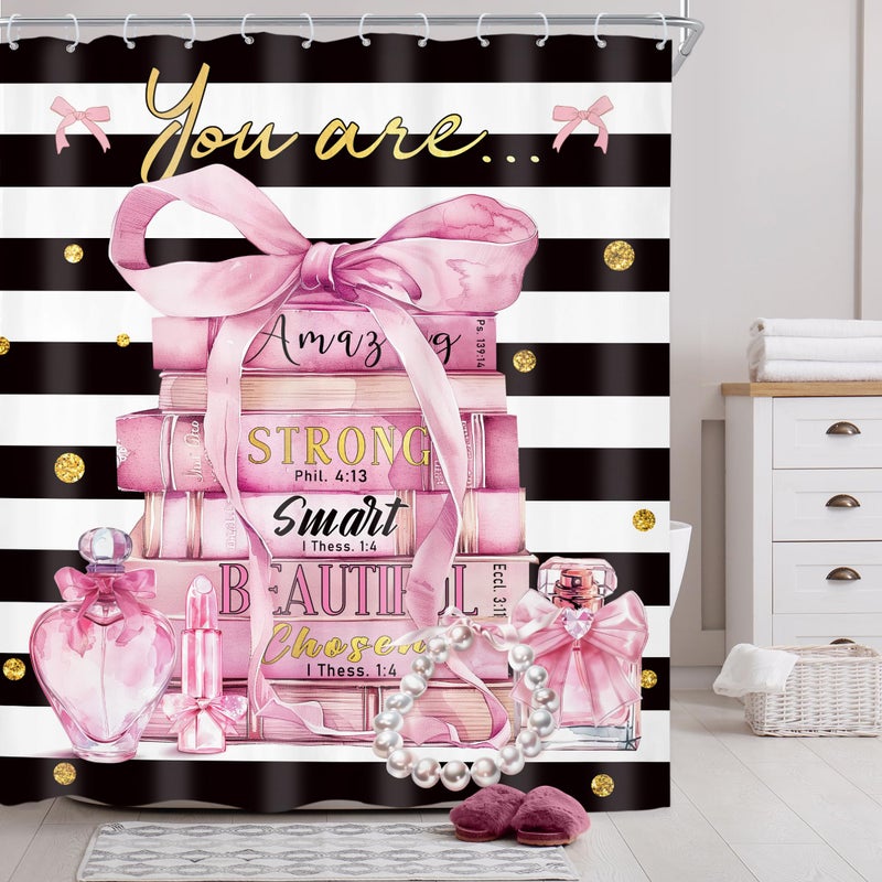 Riyidecor Pink Shower Curtain 60Wx72H Inch Fashion Bow Girly Positive Quotes You are Modern Books Perfume Pearl Black White Stripe Woman Bathroom Decor Fabric Polyester Waterproof 12 Pack Hooks - Image 2