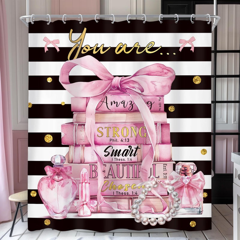 Riyidecor Pink Shower Curtain 60Wx72H Inch Fashion Bow Girly Positive Quotes You are Modern Books Perfume Pearl Black White Stripe Woman Bathroom Decor Fabric Polyester Waterproof 12 Pack Hooks - Image 1