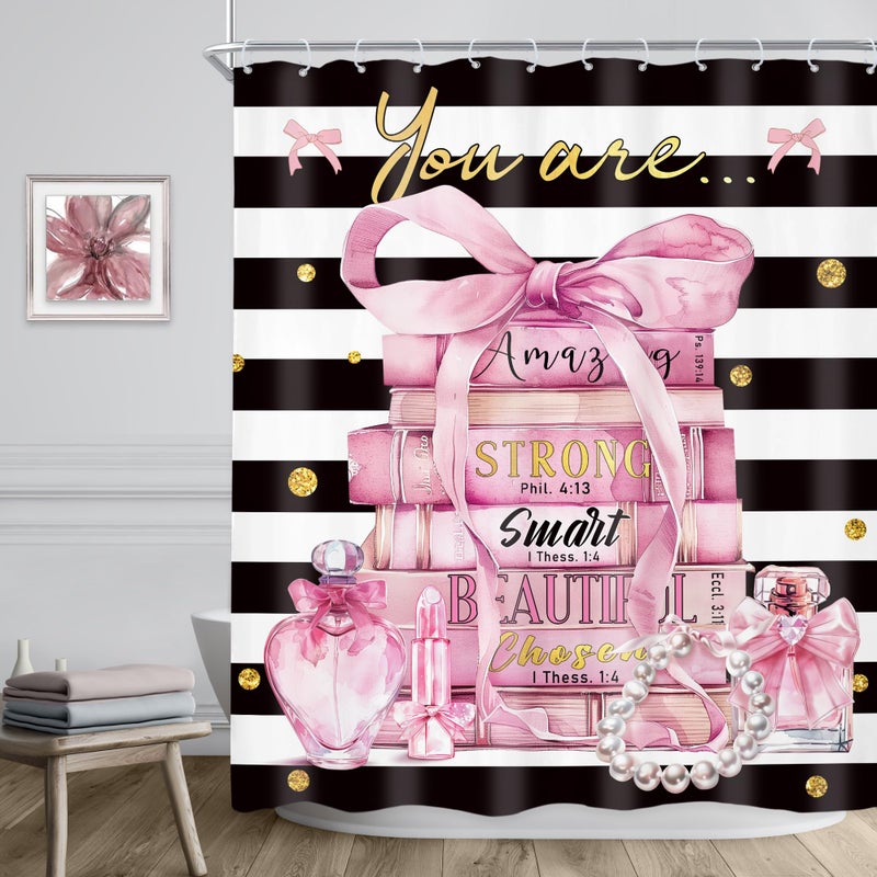 Riyidecor Pink Shower Curtain 60Wx72H Inch Fashion Bow Girly Positive Quotes You are Modern Books Perfume Pearl Black White Stripe Woman Bathroom Decor Fabric Polyester Waterproof 12 Pack Hooks - Image 3