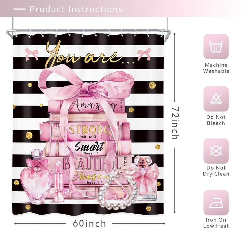 Riyidecor Pink Shower Curtain 60Wx72H Inch Fashion Bow Girly Positive Quotes You are Modern Books Perfume Pearl Black White Stripe Woman Bathroom Decor Fabric Polyester Waterproof 12 Pack Hooks - Image 5