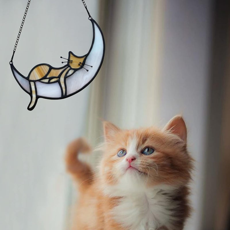 BOXCASA Orange Cat Decor,Tabby Cat Suncatchers Decor for Cat Lovers, Handcrafted Stained Glass Window Hangings for Sleeping Cat on Moon Decoration,Cat Ornament for Patio,Living Room,Office - Image 5