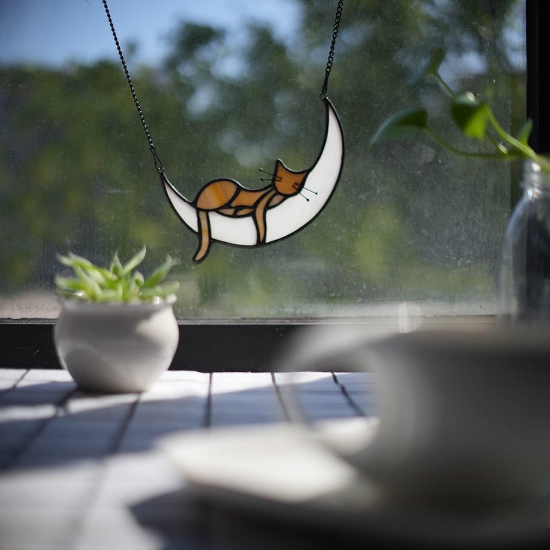 BOXCASA Orange Cat Decor,Tabby Cat Suncatchers Decor for Cat Lovers, Handcrafted Stained Glass Window Hangings for Sleeping Cat on Moon Decoration,Cat Ornament for Patio,Living Room,Office - Image 4