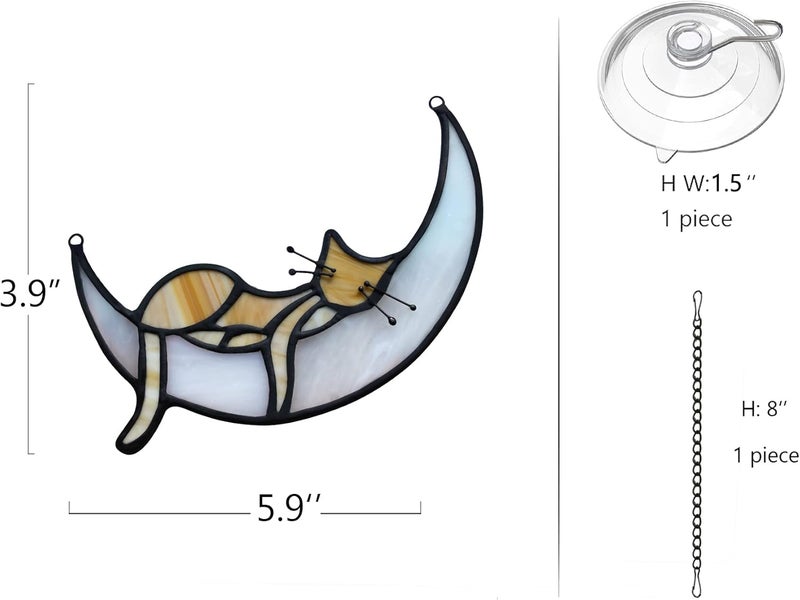 BOXCASA Orange Cat Decor,Tabby Cat Suncatchers Decor for Cat Lovers, Handcrafted Stained Glass Window Hangings for Sleeping Cat on Moon Decoration,Cat Ornament for Patio,Living Room,Office - Image 2