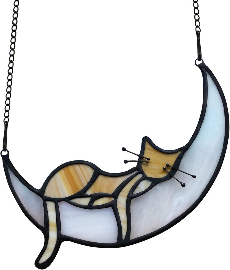 BOXCASA Orange Cat Decor,Tabby Cat Suncatchers Decor for Cat Lovers, Handcrafted Stained Glass Window Hangings for Sleeping Cat on Moon Decoration,Cat Ornament for Patio,Living Room,Office - Image 1