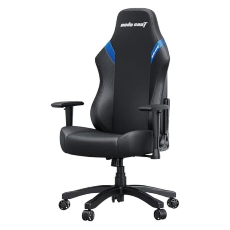Gaming chair for home office use, PVC material, black and blue color, ergonomic lumbar support and adjustable height - Image 1