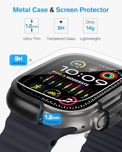 amBand Metal Case Screen Protector Cover for Apple Watch Ultra 3/Ultra 2/Ultra 49mm, W3 Rugged Bumper Thin Frame + 9H Tempered Glass Film + Ceramic-Like Back Cover, [Stylish] [Waterproof], Matte Black - Image 2
