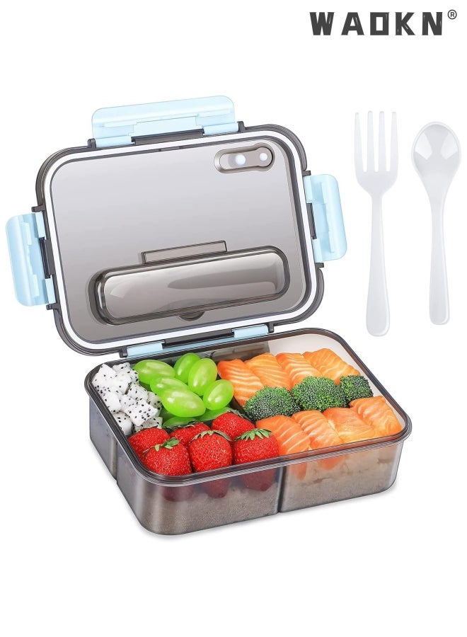 WAOKN Bento Lunch Box-3 Compartment Lunch Containers for Adults and Kids,Food Grade Plastic Lunch Box with with Spoon & Fork,BPA Free,Leak-proof,Dishwasher Safe,Microwave Safe(Blue) - Image 1