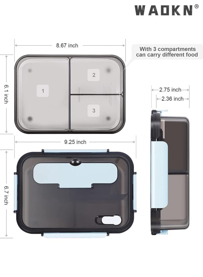 WAOKN Bento Lunch Box-3 Compartment Lunch Containers for Adults and Kids,Food Grade Plastic Lunch Box with with Spoon & Fork,BPA Free,Leak-proof,Dishwasher Safe,Microwave Safe(Blue) - Image 3