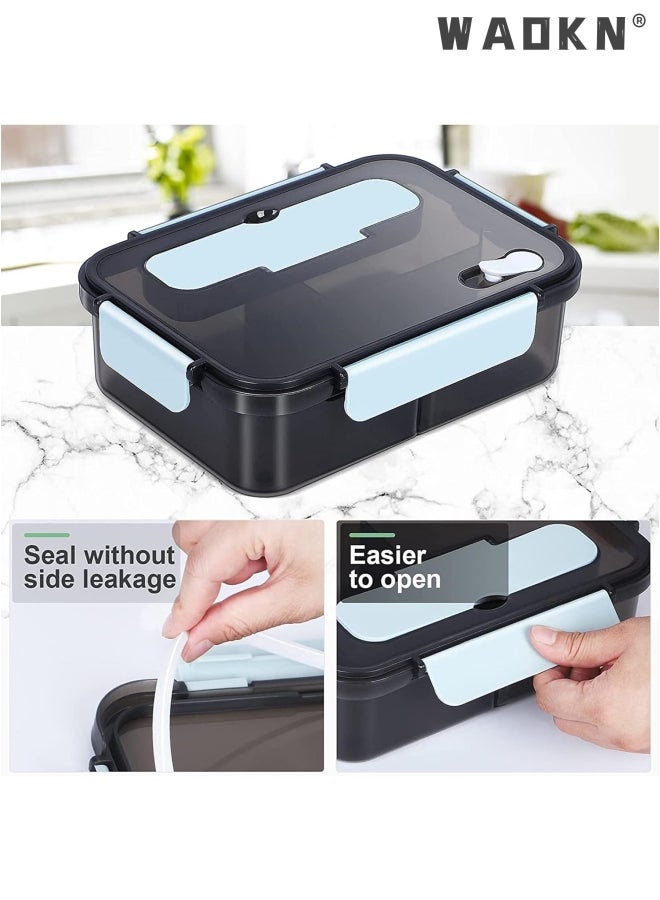 WAOKN Bento Lunch Box-3 Compartment Lunch Containers for Adults and Kids,Food Grade Plastic Lunch Box with with Spoon & Fork,BPA Free,Leak-proof,Dishwasher Safe,Microwave Safe(Blue) - Image 2