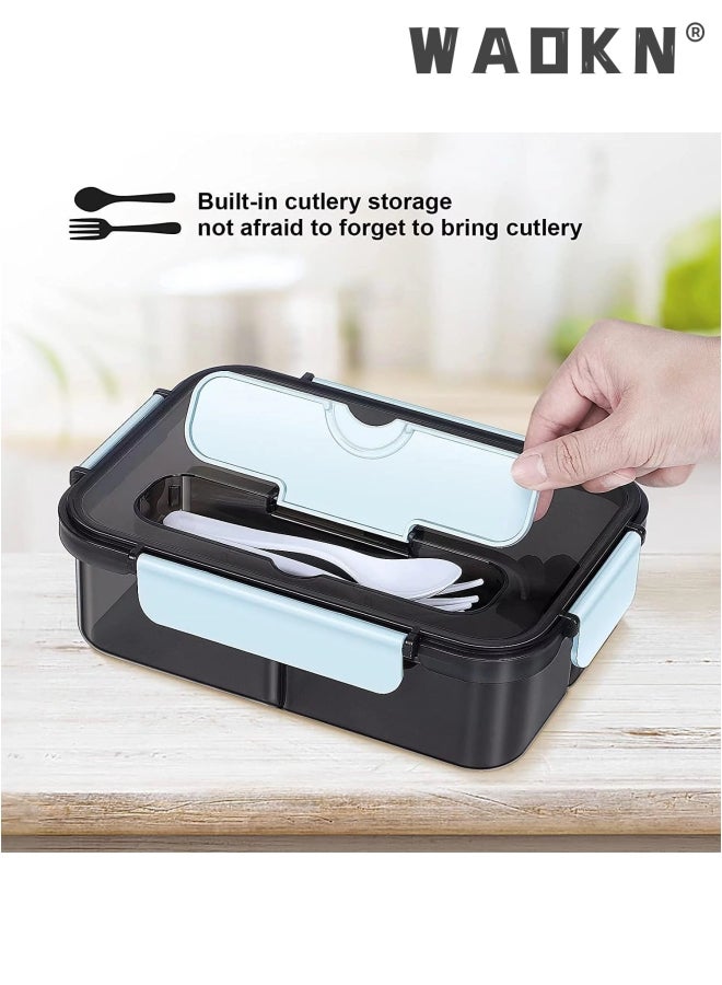WAOKN Bento Lunch Box-3 Compartment Lunch Containers for Adults and Kids,Food Grade Plastic Lunch Box with with Spoon & Fork,BPA Free,Leak-proof,Dishwasher Safe,Microwave Safe(Blue) - Image 4