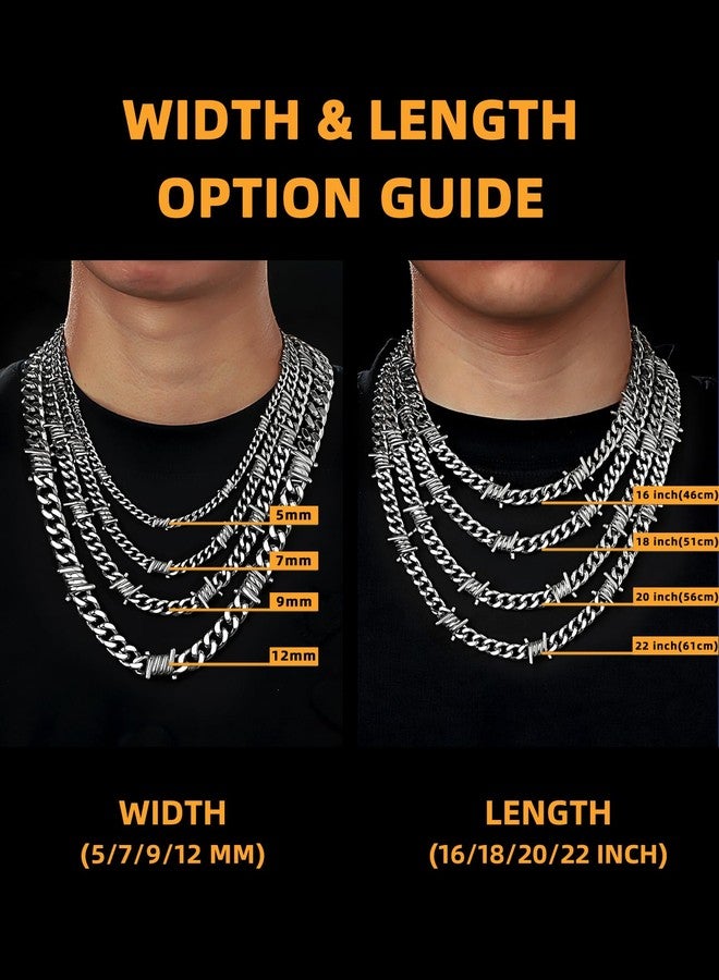 Bestyle Barbed Wire Necklace 5/7/9/12mm Mens Chain Necklaces Hip-hop Punk Gothic Stainless Steel Chain Heavy Thick Cuban Link Chain for Men Women, Length 16/18/20 Inch, 16 inches, Stainless Steel, No - Image 5