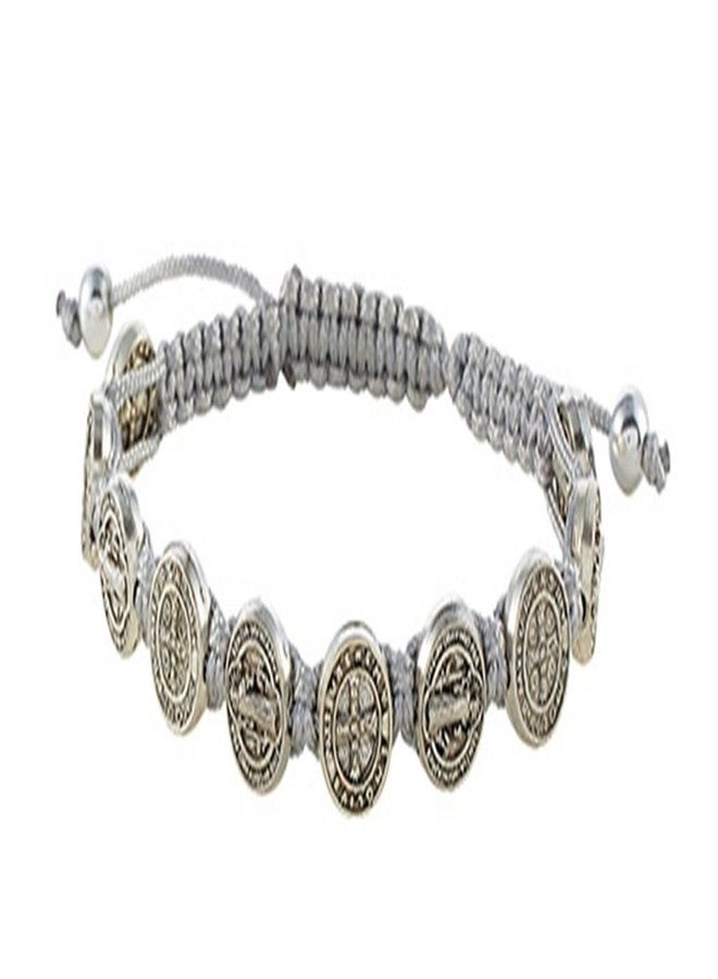Saint St Benedict Medal on Adjustable Cord Bracelet, 8 Inch, Grey
