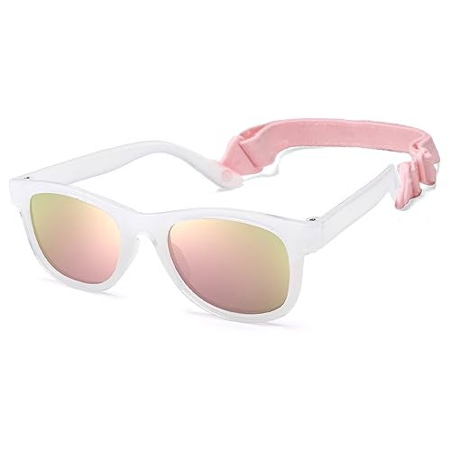 AZorb Polarized Sunglasses for Baby with Strap 100% UV Protection Shades for Toddler girls boys Age 0-24 Months (Opal Frame/Pink Mirror) - Image 1