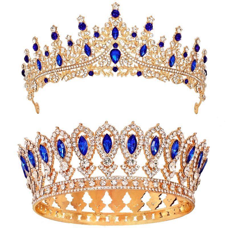 LOTADILO 2 PCS King and Queen Crowns Set Blue Tiaras Crown for Men Women Prom Royal Crown Set Costume Prince Princess Tiara for Christmas Valentine's Day Birthday Wedding Headwear Cosplay Accessory - Image 1