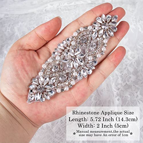 ShiDianYi Rhinestone and Pearl Beaded Applique for Bridal sash, Wedding Headband Wedding Belst Bridal Sash Silver Rhinestone Applique - Image 4