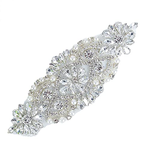 ShiDianYi Rhinestone and Pearl Beaded Applique for Bridal sash, Wedding Headband Wedding Belst Bridal Sash Silver Rhinestone Applique - Image 1