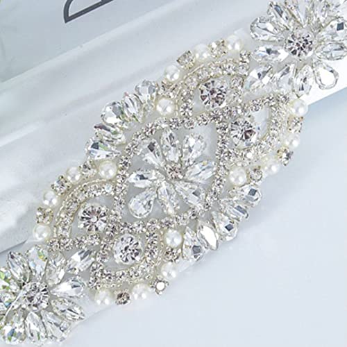 ShiDianYi Rhinestone and Pearl Beaded Applique for Bridal sash, Wedding Headband Wedding Belst Bridal Sash Silver Rhinestone Applique - Image 2
