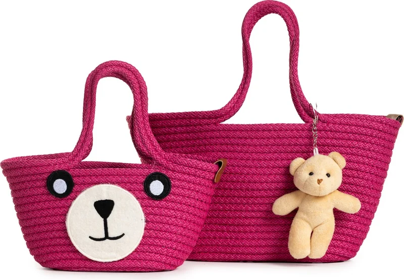 نوثينج 2-Piece Mini Braided Teddy Bear Mother and Child Bag Set with Keys