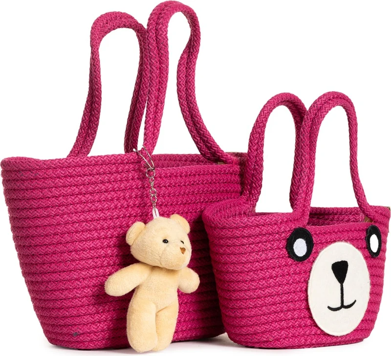 نوثينج 2-Piece Mini Braided Teddy Bear Mother and Child Bag Set with Keys