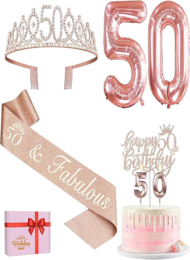 YeohJoy 50th Birthday Decorations Women, Include 50th Birthday Sash and Tiara, Birthday Cake Topper and Number 50 Candles, Balloons, Birthday Card, 50th Birthday Gifts For Women - Image 1