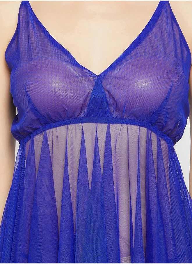 Clovia Clovia Chic Basic Sheer Babydoll with G-string in Royal Blue - Mesh