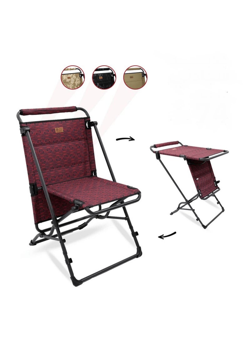 Sadu table chair for camping, portable and multifunctional 2-in-1 design, size 105x55 cm, in red Sadu pattern.