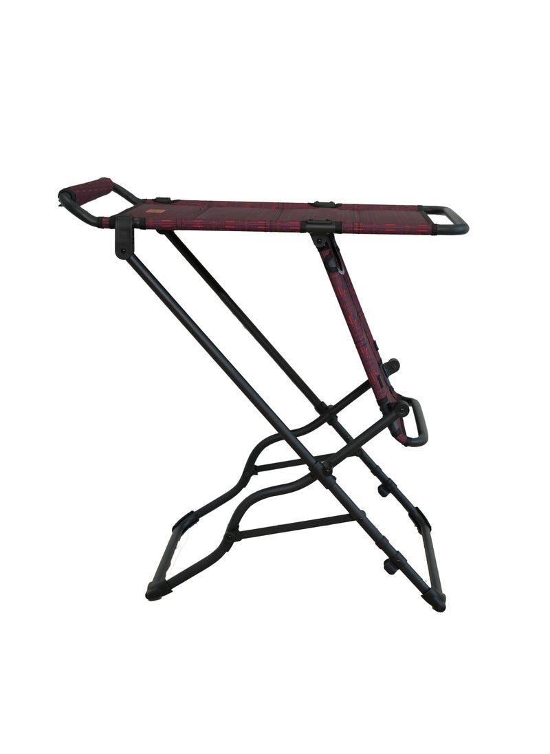 Sadu table chair for camping, portable and multifunctional 2-in-1 design, size 105x55 cm, in red Sadu pattern.