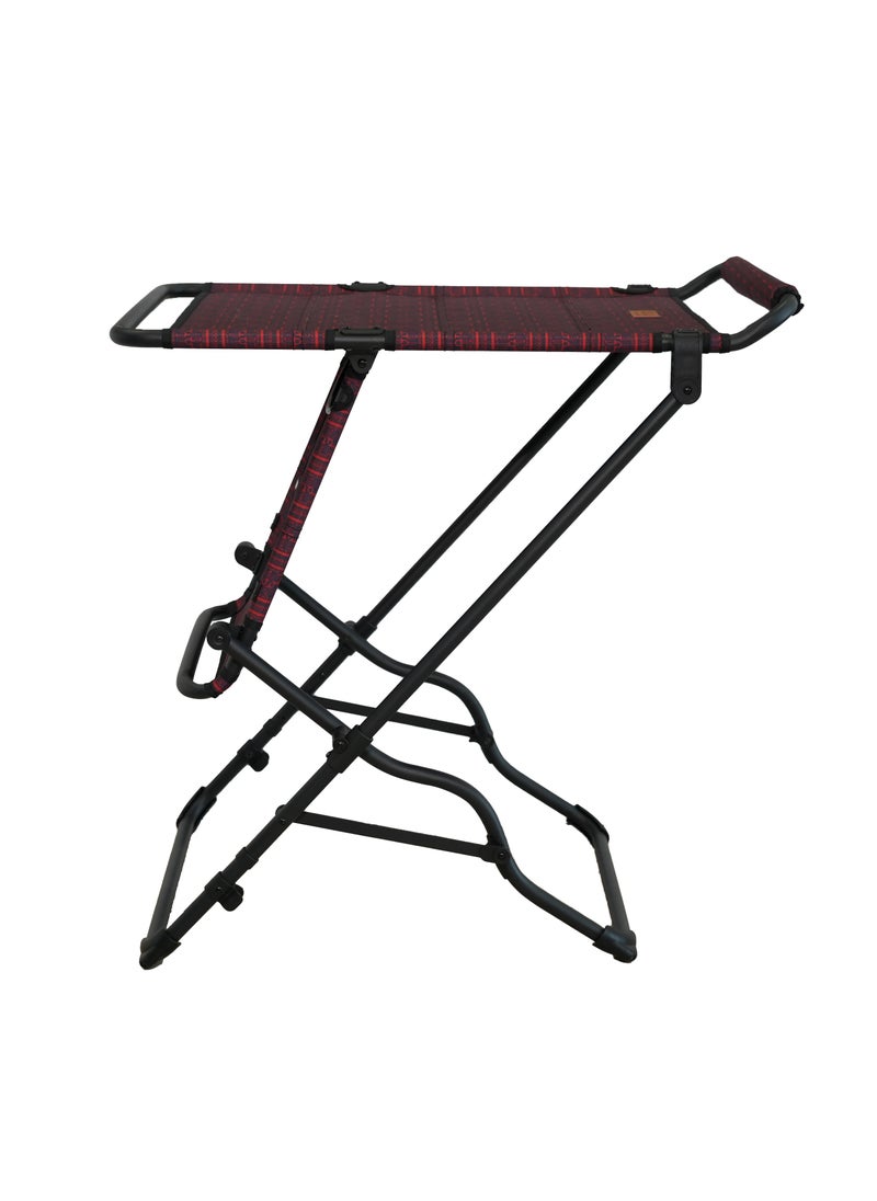 Sadu table chair for camping, portable and multifunctional 2-in-1 design, size 105x55 cm, in red Sadu pattern.