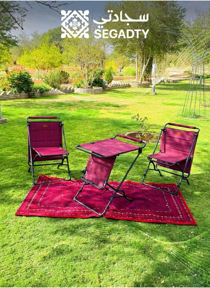 Sadu table chair for camping, portable and multifunctional 2-in-1 design, size 105x55 cm, in red Sadu pattern.
