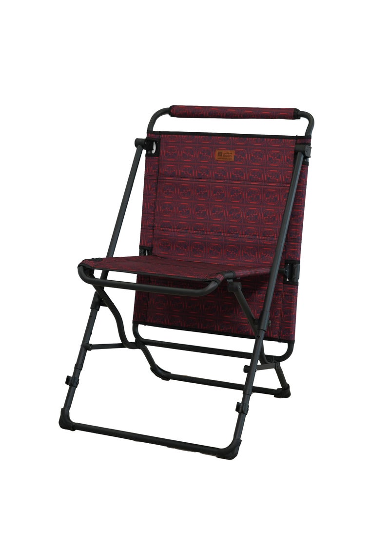 Sadu table chair for camping, portable and multifunctional 2-in-1 design, size 105x55 cm, in red Sadu pattern.