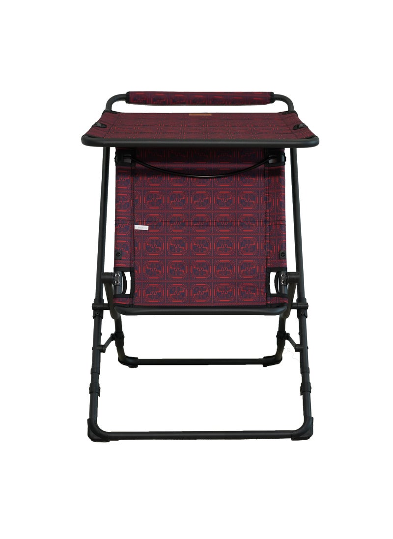 Sadu table chair for camping, portable and multifunctional 2-in-1 design, size 105x55 cm, in red Sadu pattern.