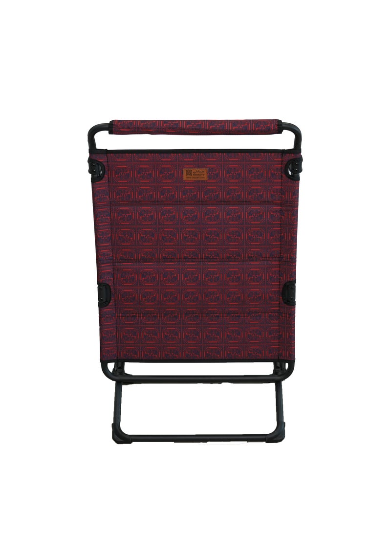 Sadu table chair for camping, portable and multifunctional 2-in-1 design, size 105x55 cm, in red Sadu pattern.