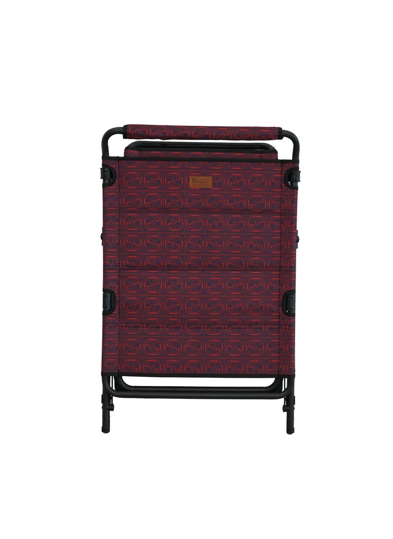 Sadu table chair for camping, portable and multifunctional 2-in-1 design, size 105x55 cm, in red Sadu pattern.