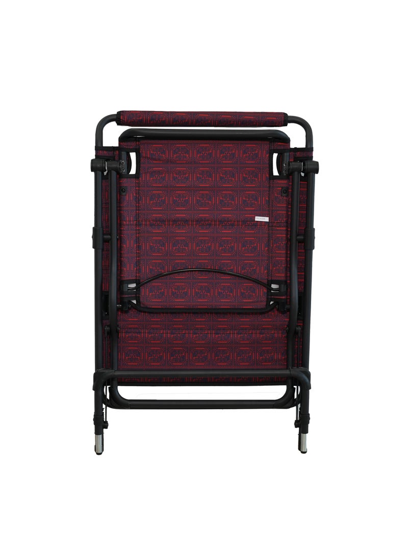 Sadu table chair for camping, portable and multifunctional 2-in-1 design, size 105x55 cm, in red Sadu pattern.