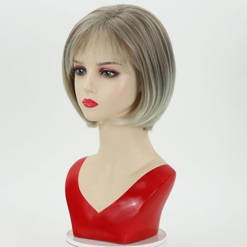 RENERSHOW Short Mixed Brown Highlight Wigs for White Women Shaggy Layered Brunette Pixie Cut Wig with Bangs Synthetic Red Brown with blonde Hair Wig - Image 4