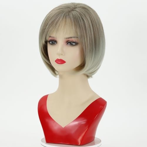 RENERSHOW Short Mixed Brown Highlight Wigs for White Women Shaggy Layered Brunette Pixie Cut Wig with Bangs Synthetic Red Brown with blonde Hair Wig - Image 2