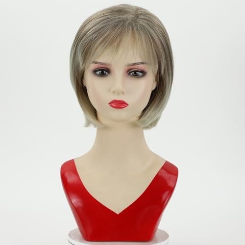 RENERSHOW Short Mixed Brown Highlight Wigs for White Women Shaggy Layered Brunette Pixie Cut Wig with Bangs Synthetic Red Brown with blonde Hair Wig - Image 5