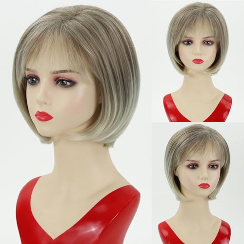 RENERSHOW Short Mixed Brown Highlight Wigs for White Women Shaggy Layered Brunette Pixie Cut Wig with Bangs Synthetic Red Brown with blonde Hair Wig - Image 1