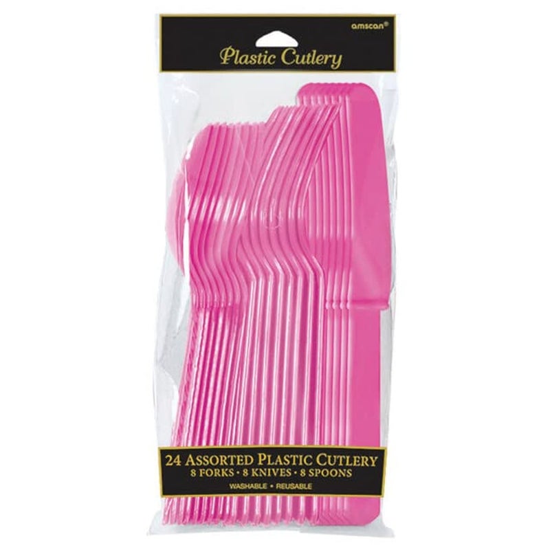 Amscan Assorted Bright Pink Plastic Cutlery (Pack of 24) - Elegant  Durable & Disposable Party Supplies for Every Occasion - Image 1