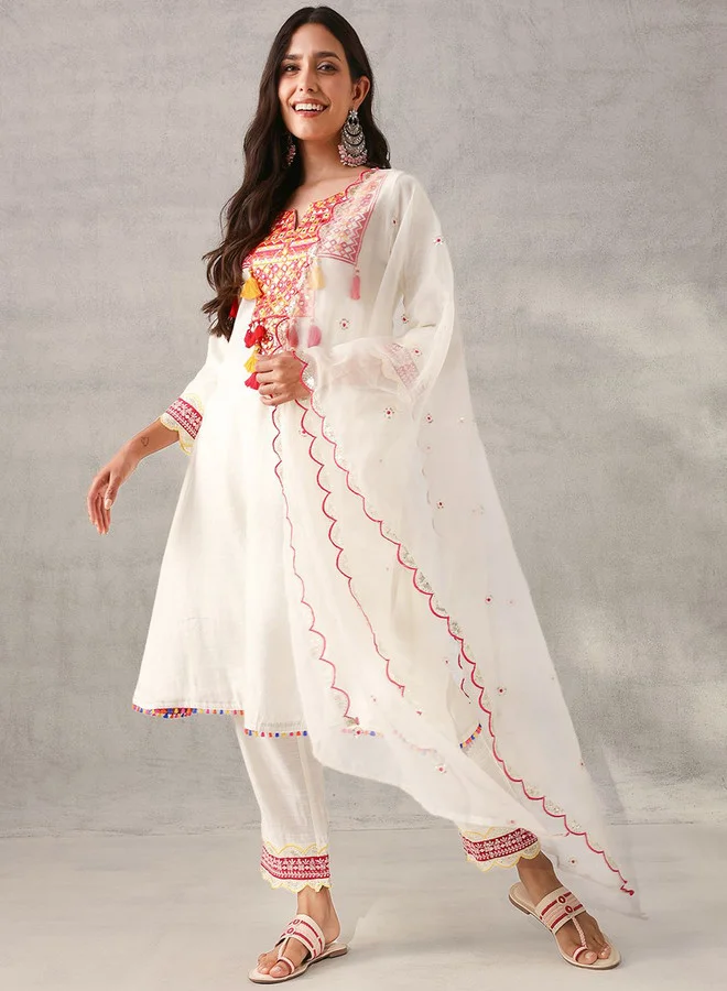 ISHIN Women's White Viscose Silk Self Designed Tunic Upper Full Length Palazzo Bottom Regular Fit 2 Piece Kurta Set