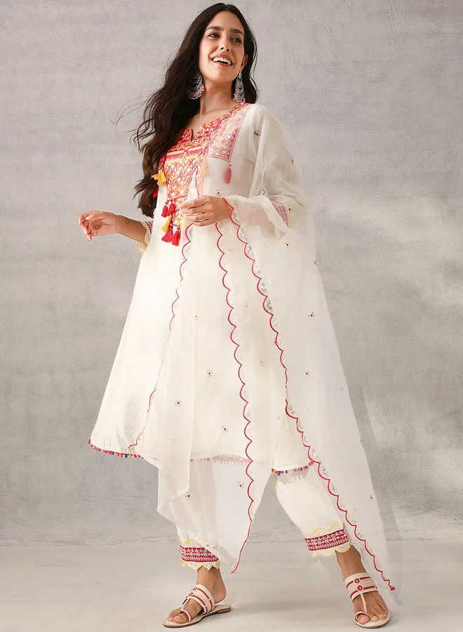 ISHIN Women's White Viscose Silk Self Designed Tunic Upper Full Length Palazzo Bottom Regular Fit 2 Piece Kurta Set