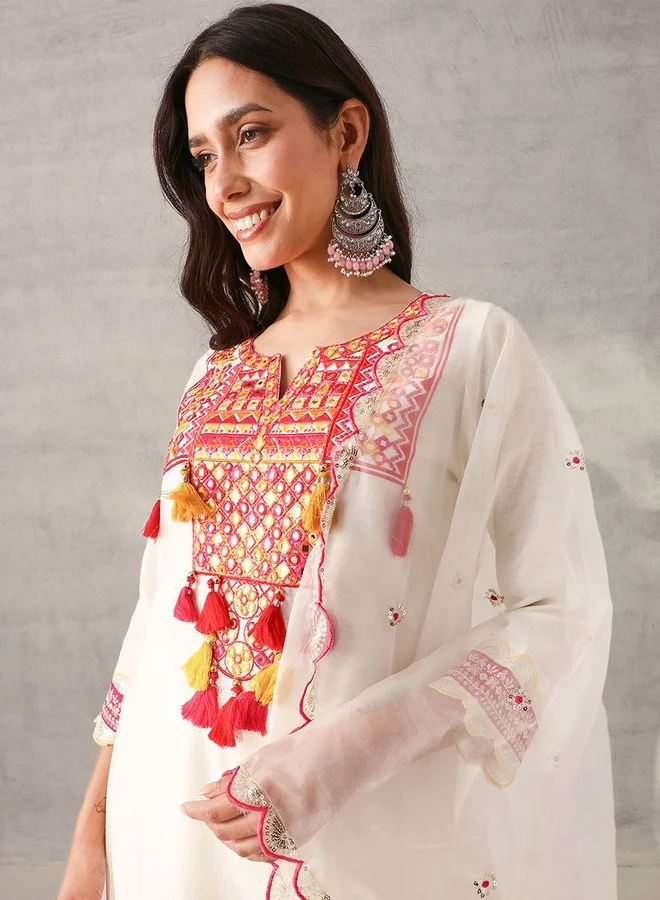 ISHIN Women's White Viscose Silk Self Designed Tunic Upper Full Length Palazzo Bottom Regular Fit 2 Piece Kurta Set