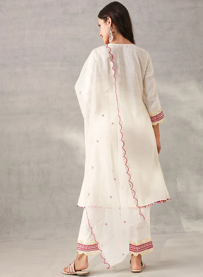 ISHIN Women's White Viscose Silk Self Designed Tunic Upper Full Length Palazzo Bottom Regular Fit 2 Piece Kurta Set