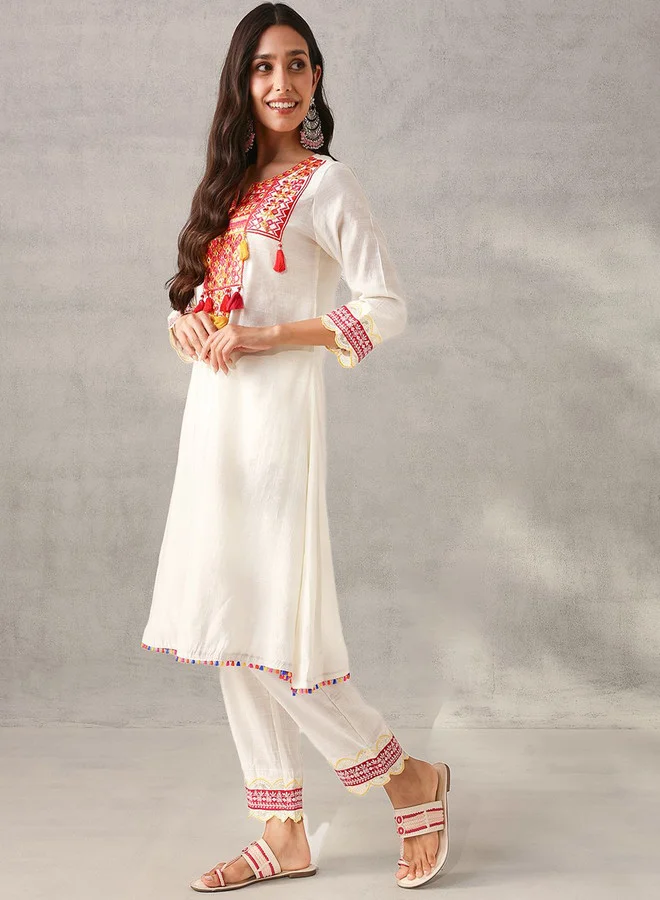 ISHIN Women's White Viscose Silk Self Designed Tunic Upper Full Length Palazzo Bottom Regular Fit 2 Piece Kurta Set