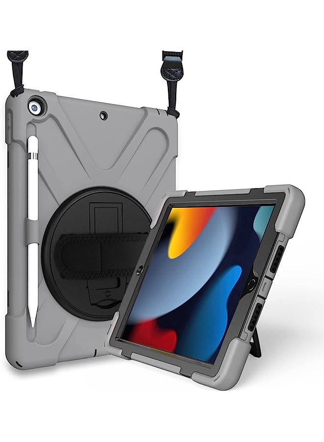 Ipad 10.2 Case 2021 Ipad 9Th Generation / 2020 Ipad 8Th Generation Case / 2019 Ipad 7Th Gen Case, Rugged Heavy Duty Shockproof Rotatable Kickstand Protective Cover For Ipad 10.2 -Grey